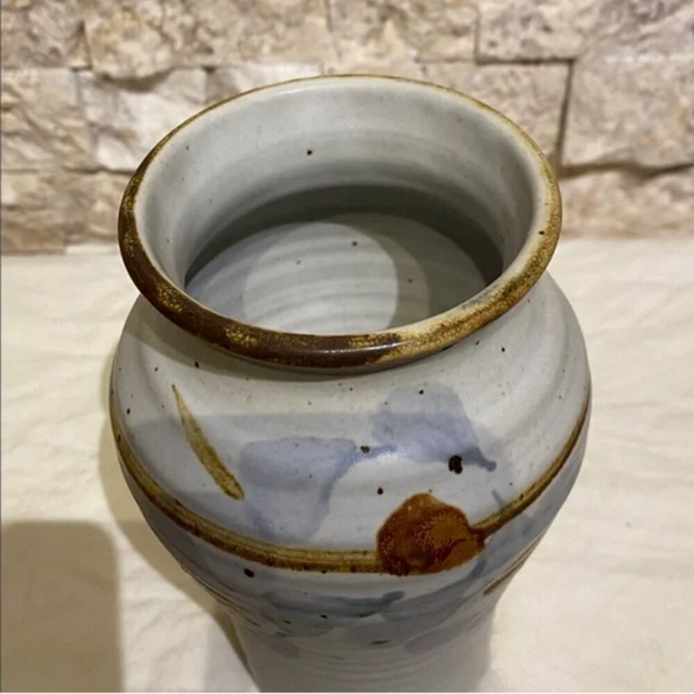 SOLD Hand-Thrown Vase – Soft Grey & Ochre Brushwork - Picture 4 of 8